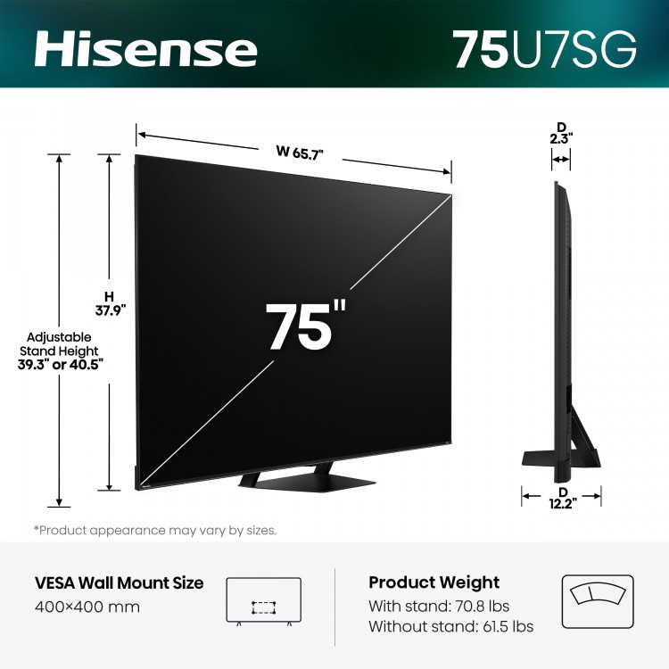 75" Hisense Hi-QLED Mini-LED AI TV 165Hz - Google TV - 75U7SG