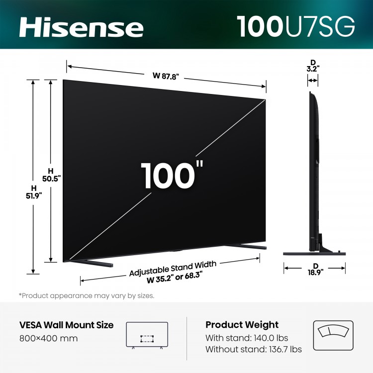 100" Hisense 100U7SG Hi-QLED Mini-LED AI Google TV